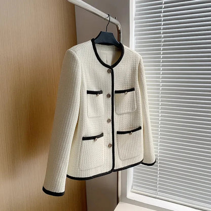 🍒Quilted lining jacket womens designer o-neck contrast tweed top Loose Fashion Versatile Coat Women Channel Likes This So Will You