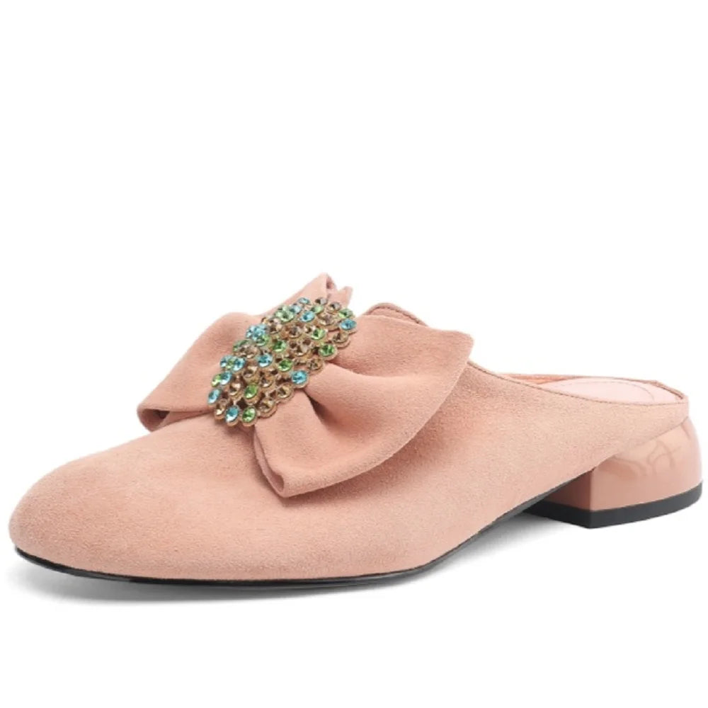 🍒Handmade genuine leather shoes suede footwear for occasion slippers for women mules round toe low heel mules summer footwear female 34-41 Look Slip On Your Bow With A Bow Slipper