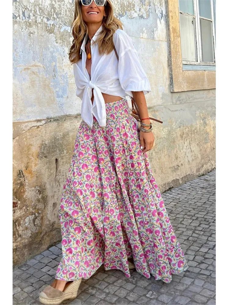 🍒Gedrukte somerrok boho somermodes gemaklike drag klere strandpartytjie klere los a-lyn reisrok elegante Boheemse styl drag Pou In Mooi Pienkes