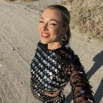 🍒Lente somer uitrustings vroue paillette mini-rok met klokmoue o-nek mode klubdrag partytjie geleentheid drag onreëlmatige klere ONTDEK Paillette Styl