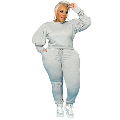 🍒Plus size sets for women two piece pant suit sport style puff sleeve clothing women solid colour long sleeve top and pant fitted two piece sets smart casual clothing L-4XL Sport A Puff