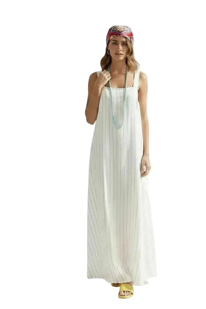 🍒Informele vierkantige maxi-rokstyl lang gestreepte uitrusting met smalbandjies, vierkantige nek, stranddrag, elegante los somersrok
