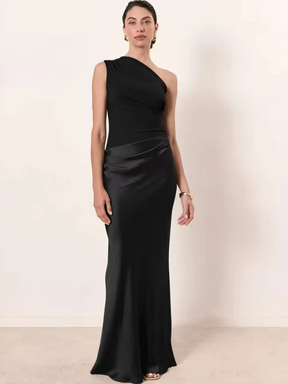 🍒Mixed media outfit satin one shoulder maxi dress brown sleeveless evening dress for  Summer slim elegant party clubwear Look SMOOTH In CHOCOLATE