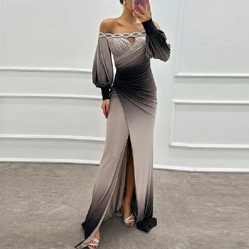 🍒Contrast colour dress high waist ruched long dress outfit Off shoulder puff sleeve party wear womens evening gown occasion wear