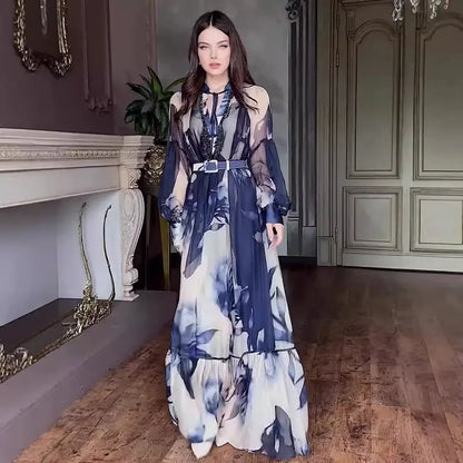 🍒V-neck mesh maxi dress Ink blue print design waist cinching outfit a-line for women loose mesh gown for ladies occasion wear partywear write Your fashion Story with ink