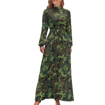 🍒Militêre kamoefleerrok hoë middellyf uitrusting boheemse sjiek langmou maxi stylvolle slim gemaklike klere vroue Camodel Camo