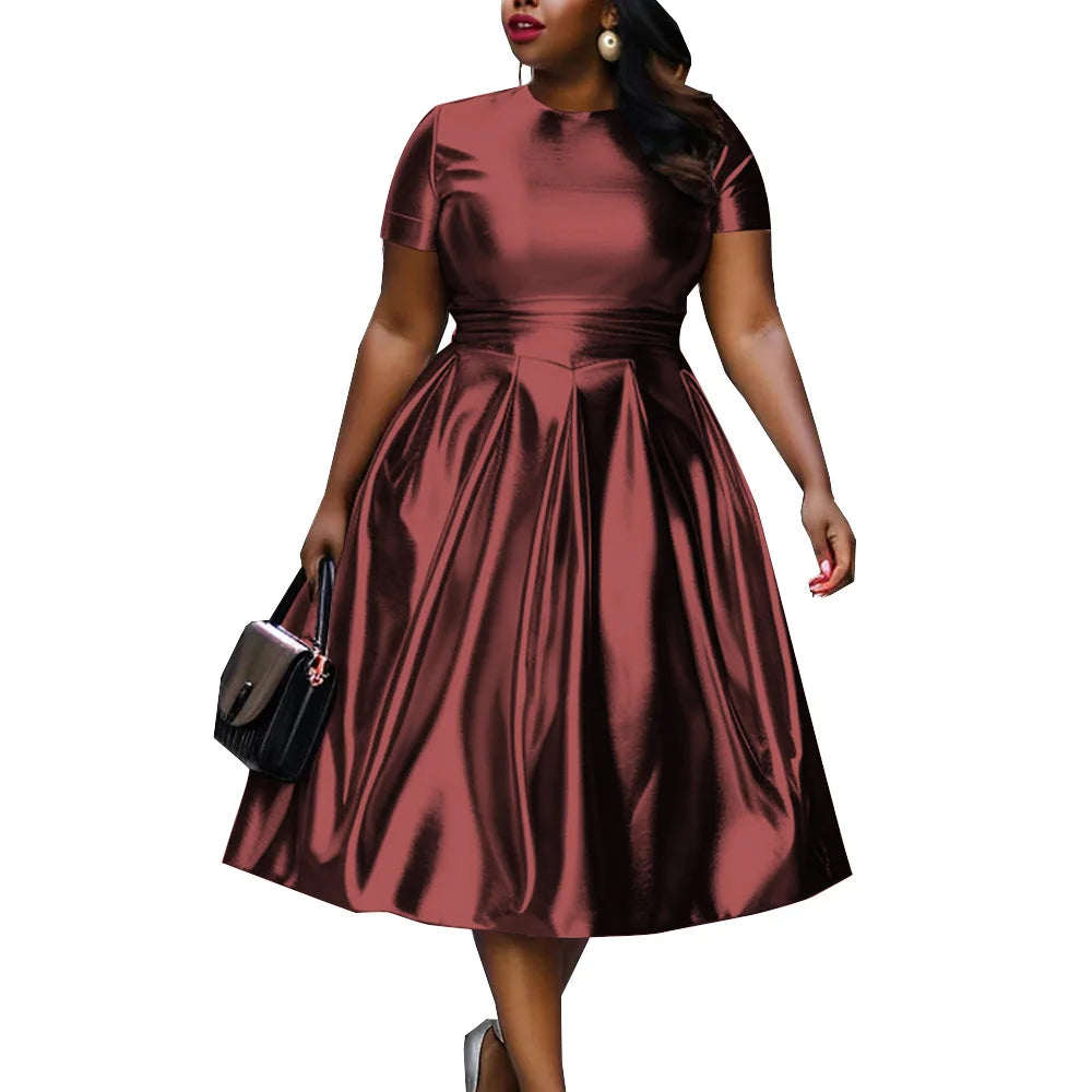 🍒A-lyn blink rok metaal kortmou midi vir vroue plusgrootte uitrusting met pasvorm en wye soom elastiese rok slim gemaklike klere Somer Stunner