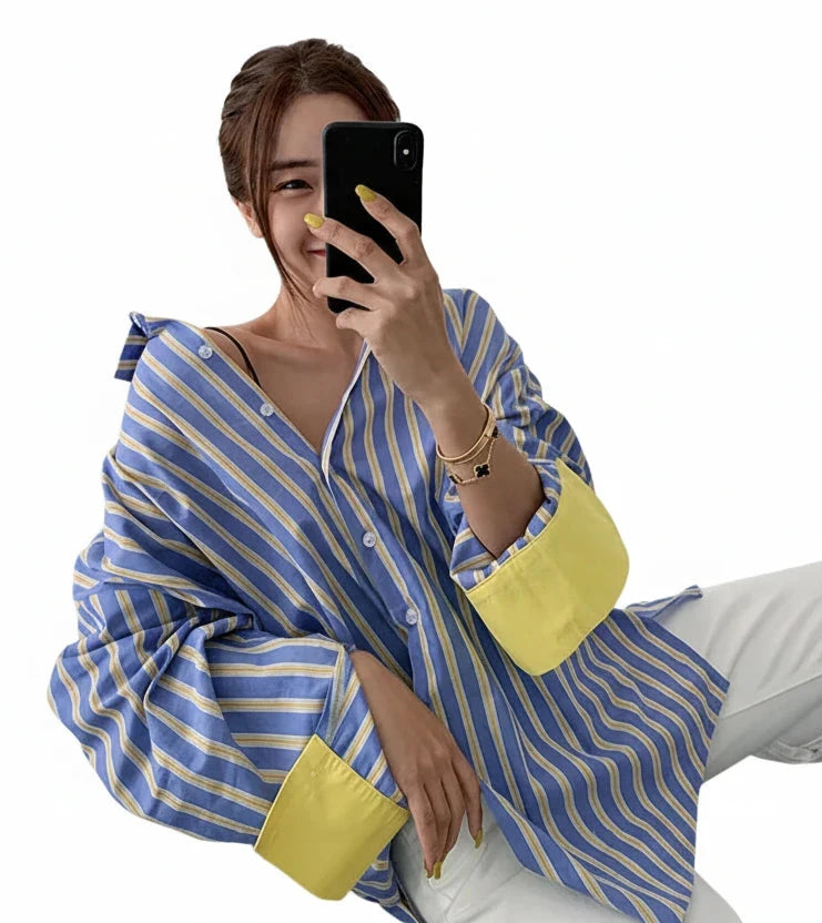 🍒Spring striped shirt loose for women fashion colour mid-length smart casual female fashion patchwork top summer clothes office wear  You wont be SOR i BET about buying this LEMON-y