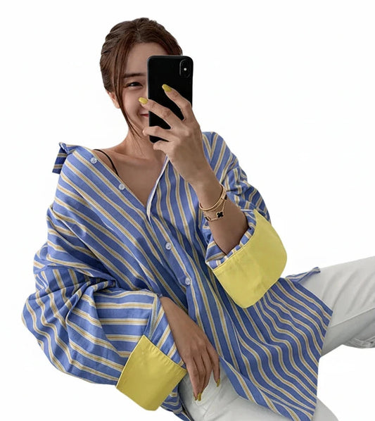🍒Spring striped shirt loose for women fashion colour mid-length smart casual female fashion patchwork top summer clothes office wear  You wont be SOR i BET about buying this LEMON-y