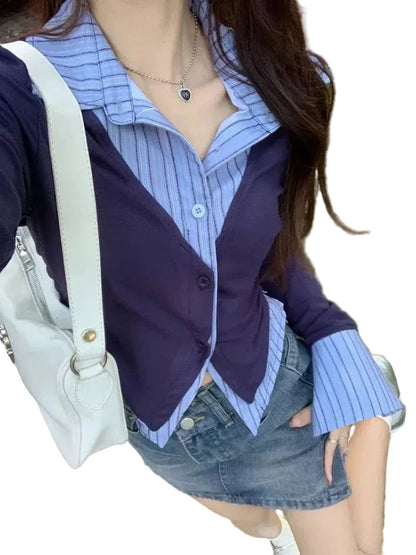🍒Button up women's shirt top full sleeve womens blouses striped cropped shirt aesthetic elegant social chic fashion clothes