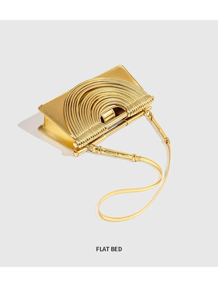 🍒Handwoven style Women's gold crossbody bag clutch handle occasion handbags smart casual strands pu material soft Texture triangle shape shoulder bag Strands Of Style