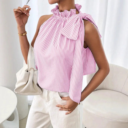 🍒Women shirts sleeveles sweet stripe blouse cute printed summer tops tie bow smart casual attire ladies