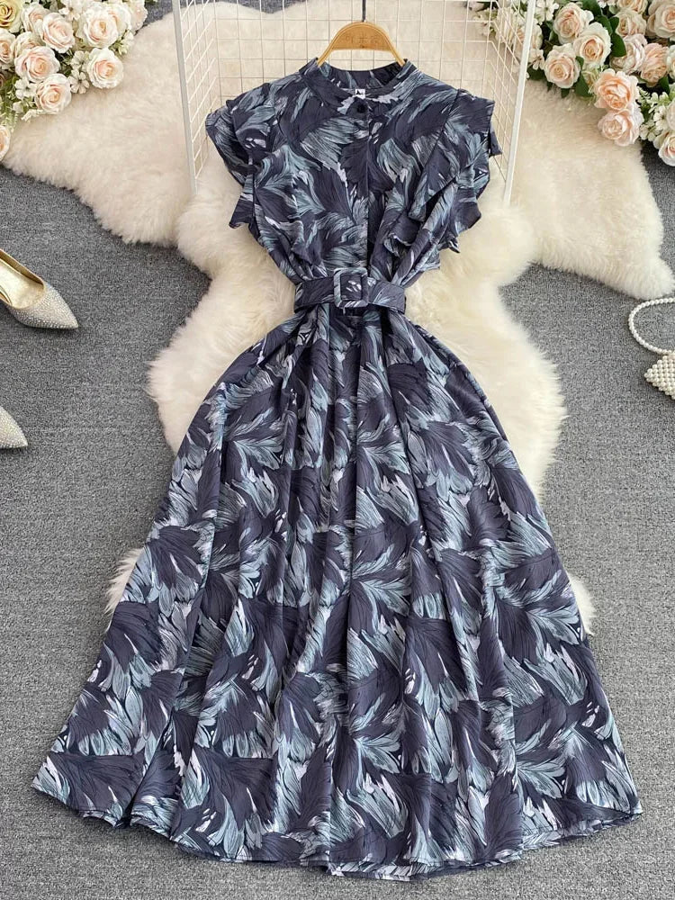 🍒 Printed midi dress high waist sleeveless a-line outfits elegant stand collar ruffle smart casual summer feminine fashion style Dont LEAF-e This In Your Basket Get This And You Will Be SKY High With Happiness