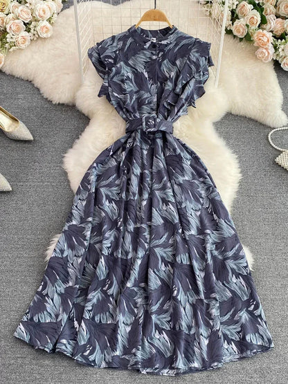 🍒 Printed midi dress high waist sleeveless a-line outfits elegant stand collar ruffle smart casual summer feminine fashion style Dont LEAF-e This In Your Basket Get This And You Will Be SKY High With Happiness