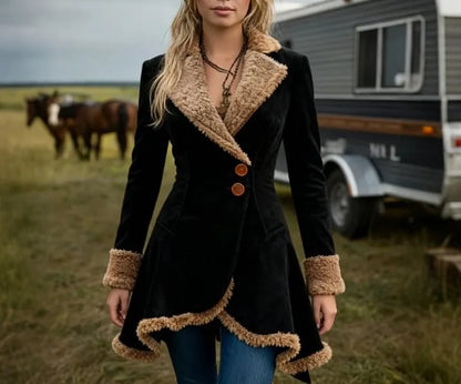 🍒Faux sheep skin jacket fitted waist loose fashion lapel coat female faux fur long coat versitile long sleeve outerwear Slim Sheep Skin