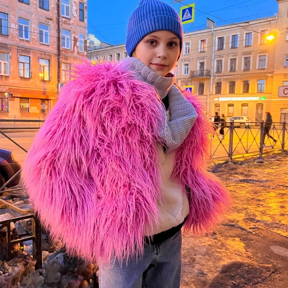 🍒Colorful fur coat for fall winter outerwear fashion pink faux fur jacket thick warm outdoor fashion occasion over jacket women Fluff Up Your Puff