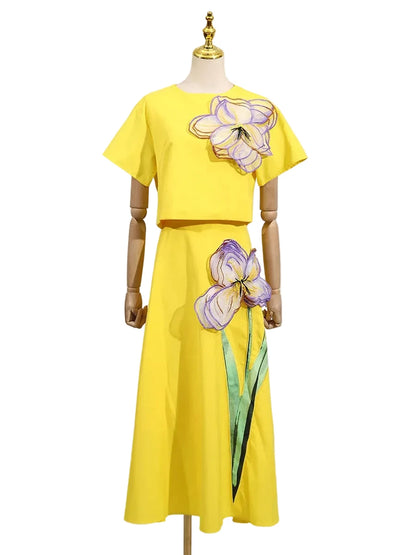 🍒3d flower skirt and top set womens two piece outfits slit back crop top and high waist a-line skirt smart casual wear female Every Body Loves A Flower