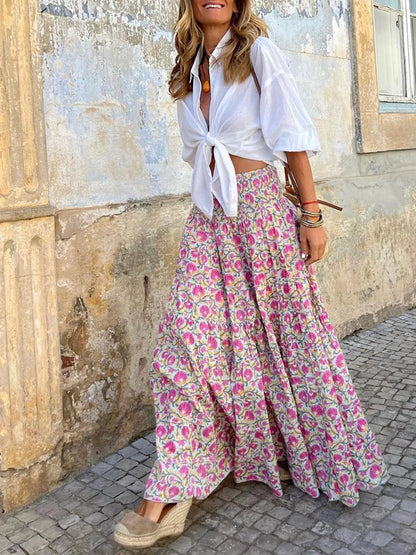 🍒Flowy maxi skirt floral print long  vintage high waist maxi fashion elastic a -line skirt boho outit beach versitile holiday sundress  Maxi-mum Flow Beautiful Boho