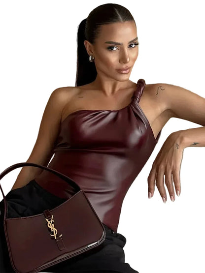 🍒Faux leather top summer fashion women wine red pu leather crop top club wear for women skinny fit asymmetric one shoulder tank casual street style Rope Into Leather
