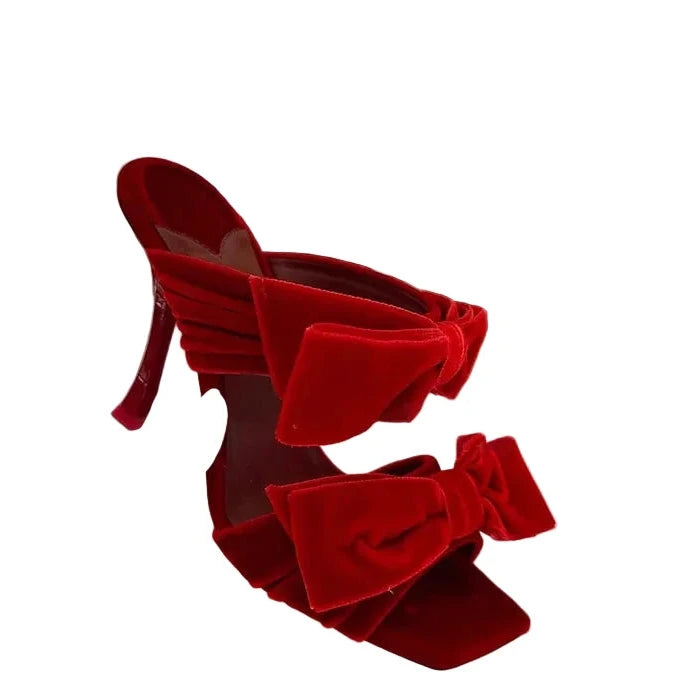 🍒Strik hoëhakskoene vroue oop skoene met vierkantige toon mode gemaklik-elegant skoene partytjie geleentheid pantoffels suikerpienk fluweel stapel sandale ooptoon naaldhak aandsandale haal die beste strikke uit