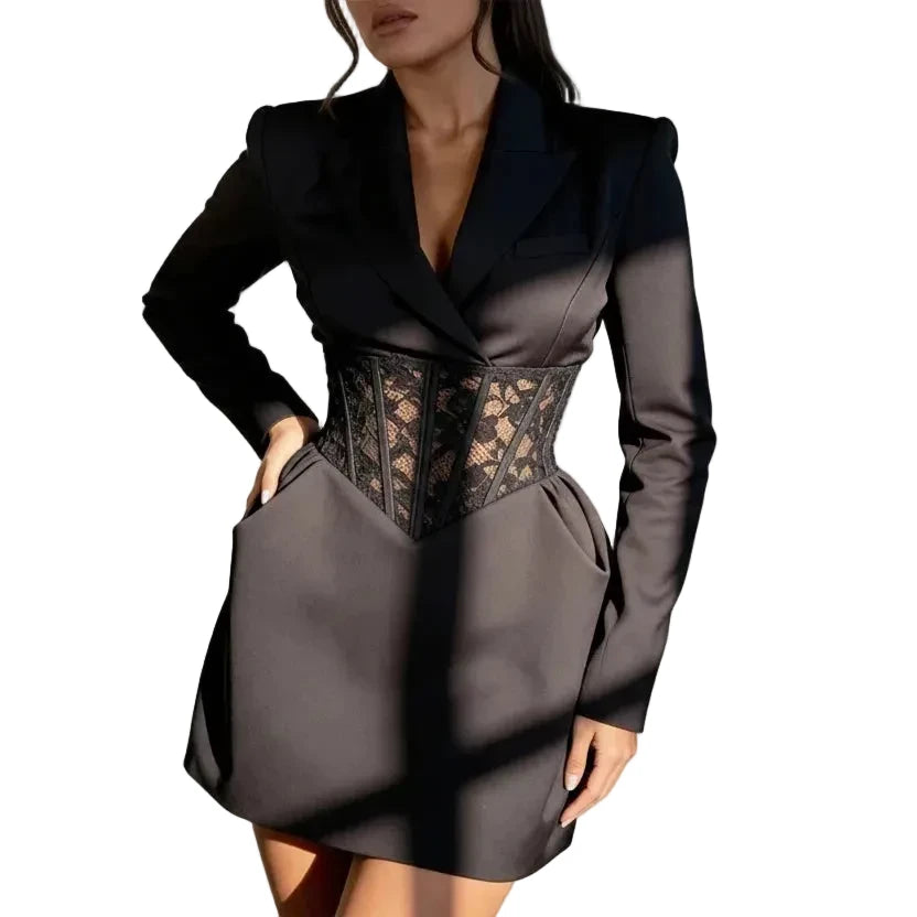 🍒Lace mixed media dress blazer v-neck dresses with sleeves short long sleeve mini evening party chic gown Spring feminine dress occasion wear womens    don’t WAIST time NET this SHORTly