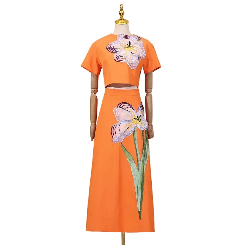 🍒3d flower skirt and top set womens two piece outfits slit back crop top and high waist a-line skirt smart casual wear female Every Body Loves A Flower
