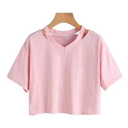 🍒Solid colour open shoulder t-shirt hollow solid colour tee v-neck women's short sleeve tops tank
