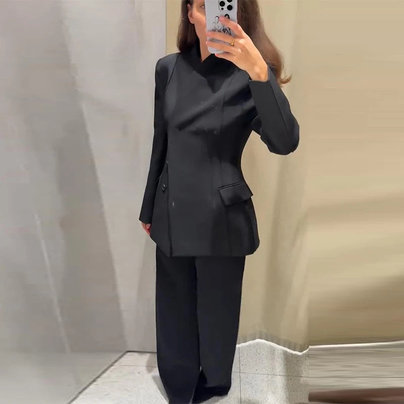 🍒Casual black blazer and pants set long sleeve jacket with fitted waist and long kick flare solid straight pant set women spring autumn suits  ‘Well fit