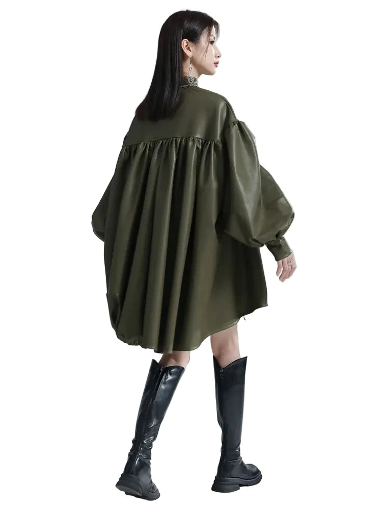 🍒Womens leather top drawstring turtle neck oversize jacket spring autumn fashion long sleeve outwear top smart casual clothing Get Looks In A Leather Look