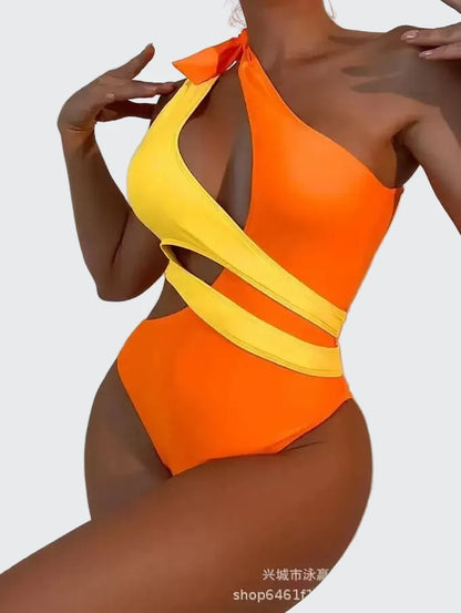 🍒Eenstuk-swemdrag kleurblok-botsing enkel skouer badpak bandjie-ontwerp hoë elastiese ruglose swemdrag tipe Europese styl swemkostuum met vasmaakbandjies SHOREly CHIC