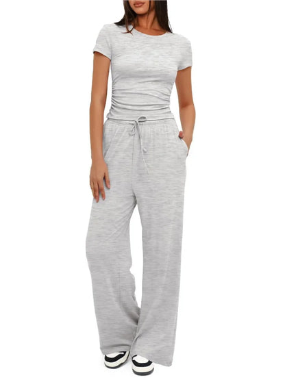 🍒Womens two-piece outfit set fashion pleated short sleeved top casual wear clothing  and matching comfort long high waisted wide leg pants sportswear Sport your style in Slimline