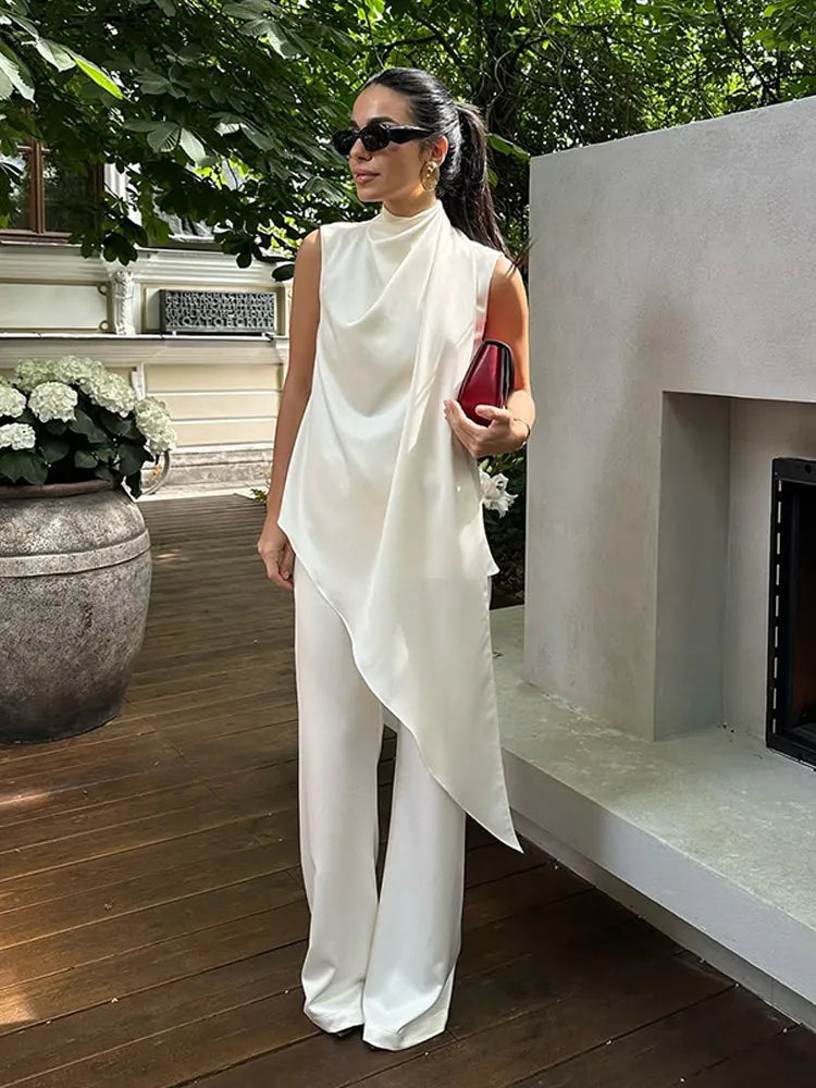 🍒White satin two piece set silk outfits Irregular fashion sleeveless party wear long tops for women  and high waist trouser suit part occasion wear Get A Fashion Angle