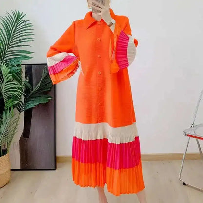 🍒Ruffle pleated midi dress lapel button and flared sleeve women fashion single breasted loose outfit contrast colour