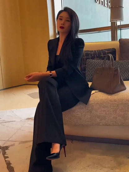 🍒Blazer and pant sets two piece wear to work suits flared trousers office professional outfits black smart casual attire for women Acquire Attirre