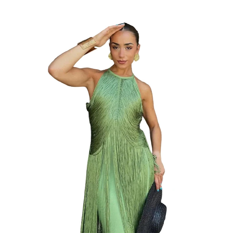 🍒Multi-layer tassel dress women's solid o-neck sleeveless cocktail dress elegant female fashion ball party outfit occasion wear club wear holiday beach party wear No Tossle Tassle