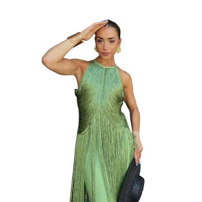 🍒Multi-layer tassel dress women's solid o-neck sleeveless cocktail dress elegant female fashion ball party outfit occasion wear club wear holiday beach party wear No Tossle Tassle