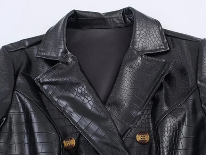 🍒Ekstra lang kunsleer-trenchcoat vintage maxi luukse pu dubbelbors swart ontwerper-buiteklere klere slim gemaklik Krokodilstyl
