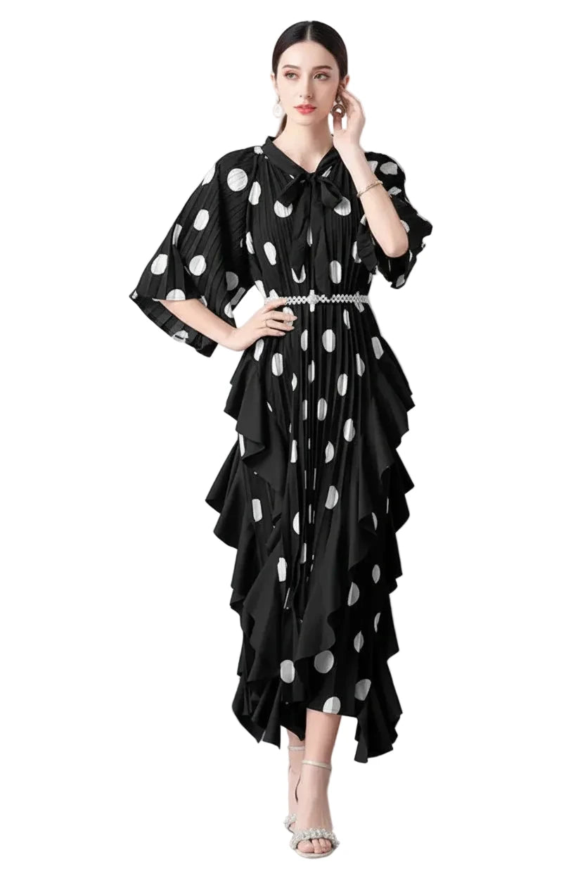 🍒Dress with polka dots simple pleats and ruffled edges summer outfit looks long loose fit smart primted casual wear loose Fit clothing and Slimming Effect  party occasion clothing Lucky You Spotted this Spot