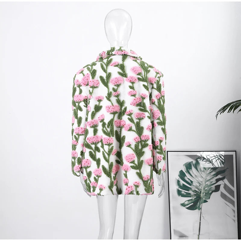 🍒Flower fleece jacket woman loose lapel long sleeve coat single breasted casual coat unique 3D floral outerwear clothing  Floral Fashion Fun Fleece