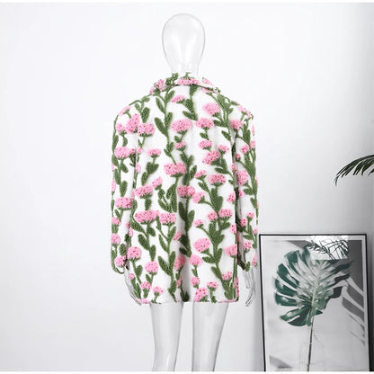 🍒Flower fleece jacket woman loose lapel long sleeve coat single breasted casual coat unique 3D floral outerwear clothing  Floral Fashion Fun Fleece