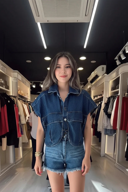 🍒Women's summer cropped shirt sleeveless blouse top ladies elegant with large pockets vintage style chic casual solid summer clothing high end cardigan denim top Pocket This Crop