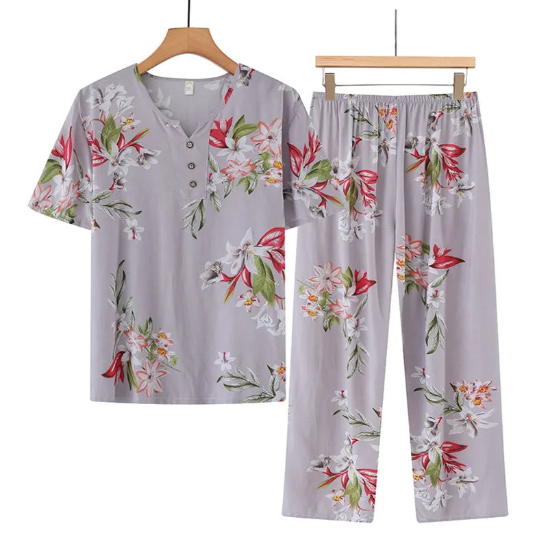 🍒Cotton rayon pajama set short sleeved top cropped and pants set two piece sleep wear for women lounge wear suit holiday clothing beach wear No Care Wear