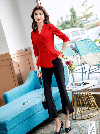 🍒Rooi 2-stuk damespak mode rompstel sakeklere kantoordrag ligte blazers vir vroue halfmou top en miniromp Berry Beautiful