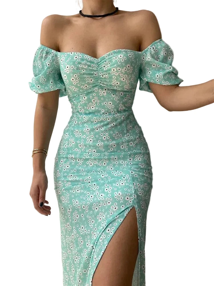 🍒Floral print party dress elegant women off shoulderless backless outfit summer slit boho midi smart casual ladies clothing Figure Out Your Floral Fashion