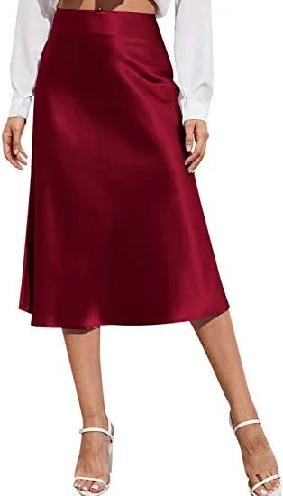 🍒Satyn hoë middellyf midi-romp, effekleur, a-lyn romp, syerig, elegante modepartytjie, slim gemaklike drag vir vroue - Skitter In Satyn