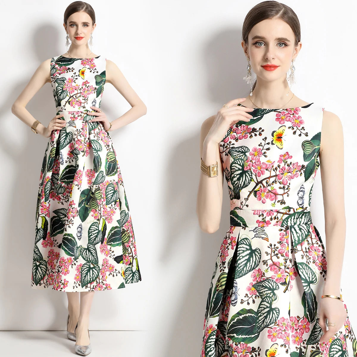🍒Designer fashion dress floral print clothing vintage a line party wear outfit for women birthday dinner retro runway occasion wear  make ARRANGEMENTs for these FLOWERs