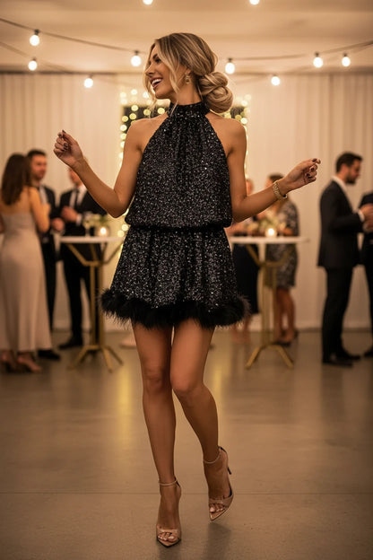 🍒Sequins a line dress slim dress womens sleeveless tie bow party wear clothing occasion outfit with feather trim solid Club wear Fun Festive Feathers