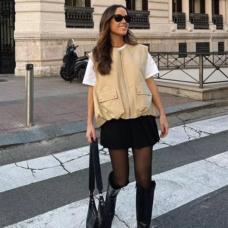 🍒Cargo style vest oversized light jacket o neck spring zipper pocket waistcoat female fashion crop top Y2K casual clothes Spring To This Zipper