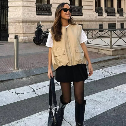 🍒Cargo style vest oversized light jacket o neck spring zipper pocket waistcoat female fashion crop top Y2K casual clothes Spring To This Zipper