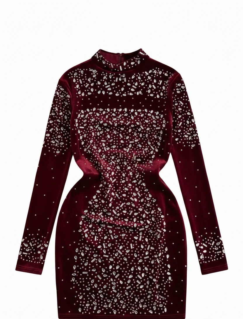 🍒Bodycon o-nek langmou rok glitter strass uitrusting fluweel sjiek oesjaarstyl klere sjiek herfsmode partytjie geleentheid drag Kry Wyn Stoned